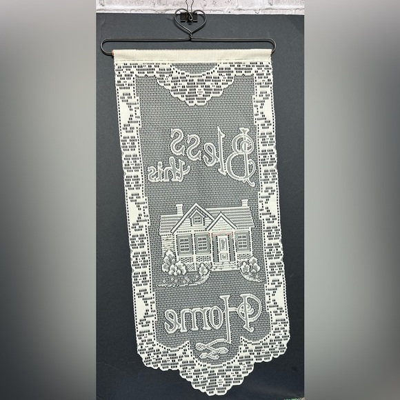 Lace Wall Hanging Bless This Home 29 in X 13 in Ecru Embroidered Garland Vintage - Picture 7 of 7
